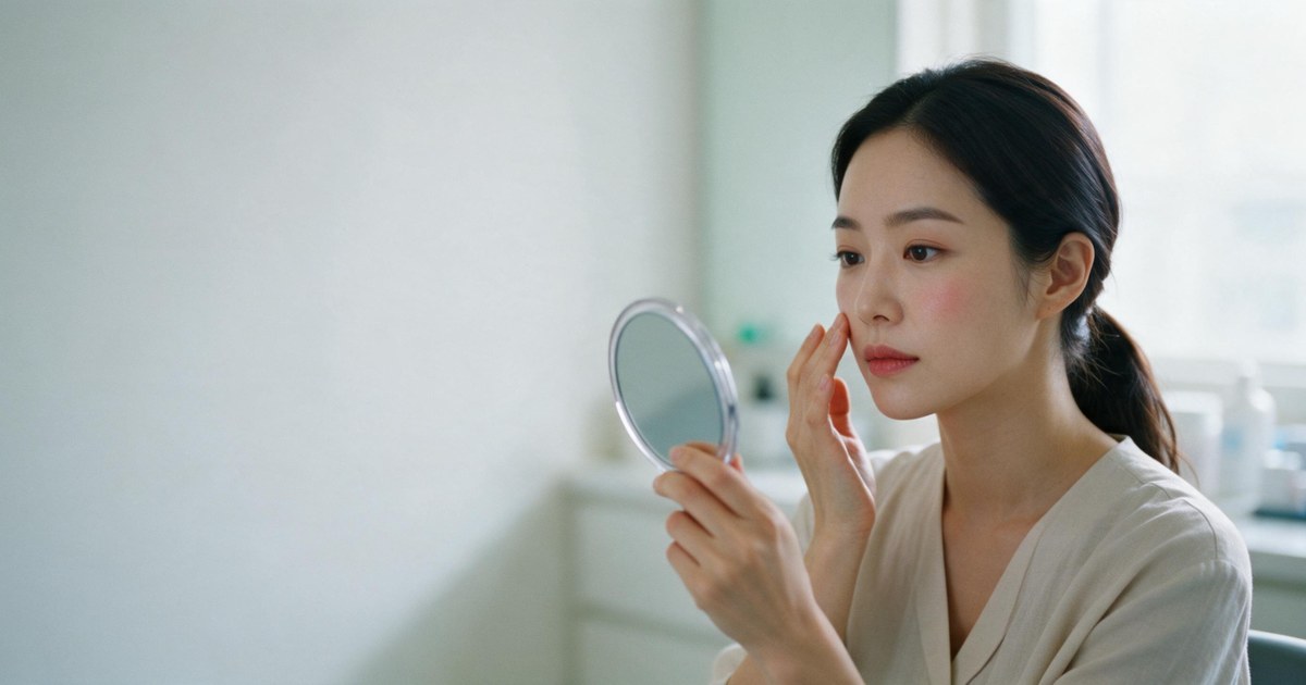 신사 써마지 상담 전 거울로 볼 피부를 살펴보는 여성