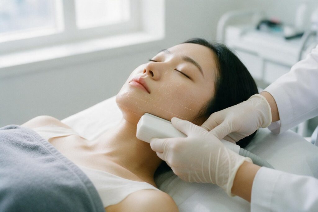 울쎄라 600샷 가격, 샷수는 얼굴이 정합니다 턱선에 젤을 바르고 초음파 리프팅 핸드피스를 대어 시술하는 장면