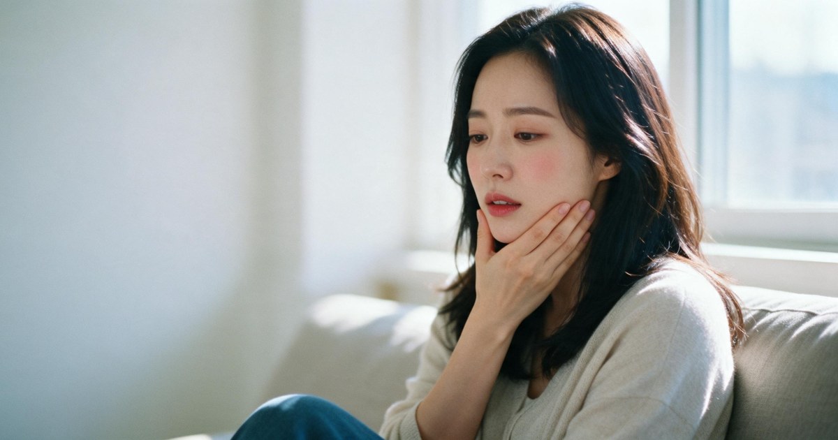 울쎄라 통증 글 대표 이미지, 창가 소파에 앉아 한 손으로 턱선을 감싼 채 생각에 잠긴 여성