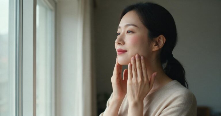 울쎄라 후기 글 대표 이미지, 창가에서 두 손으로 턱선을 짚어 보는 여성