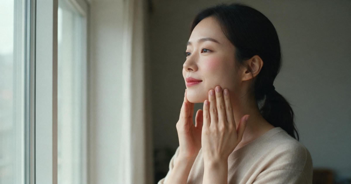 울쎄라 후기 글 대표 이미지, 창가에서 두 손으로 턱선을 짚어 보는 여성