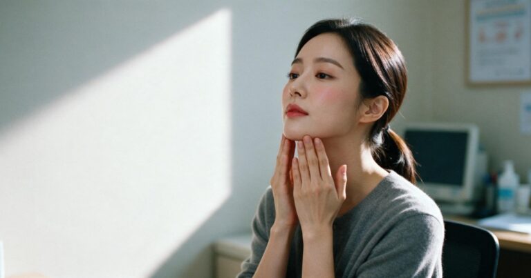 울쎄라 600샷 가격을 알아보며 턱선을 손끝으로 확인해 보는 여성