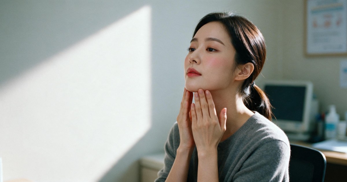 울쎄라 600샷 가격을 알아보며 턱선을 손끝으로 확인해 보는 여성