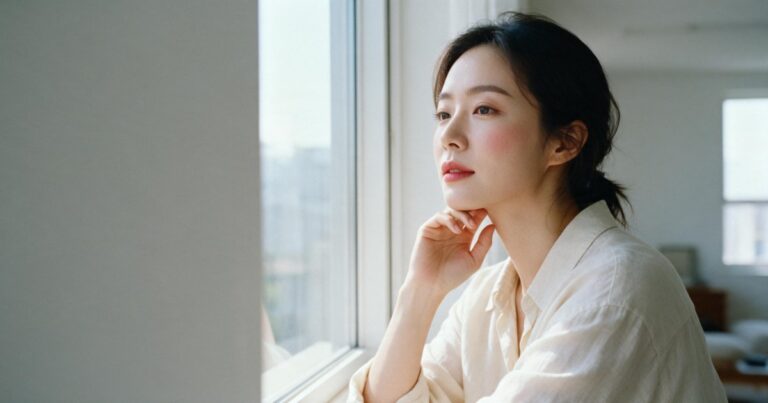 보톡스 주기 글 대표 이미지, 창가에 앉아 턱에 손을 대고 밖을 바라보는 여성