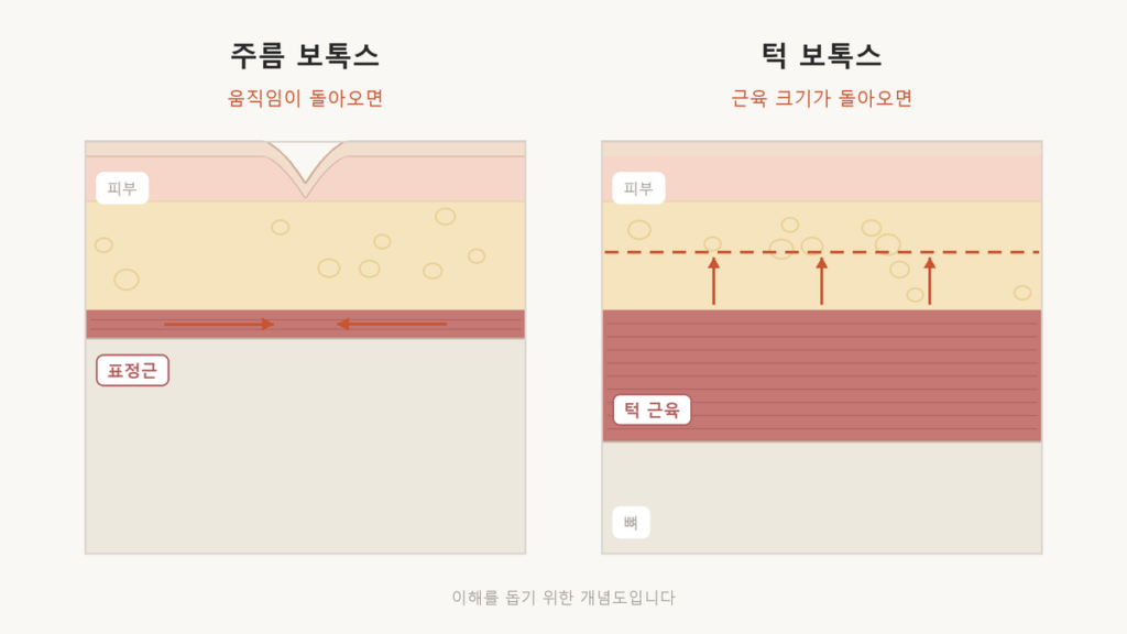 보톡스 주기, 턱 보톡스는 주름처럼 맞으면 안 됩니다 보톡스 주기를 정하는 기준을 주름 보톡스는 표정근의 움직임, 턱 보톡스는 턱 근육의 크기로 비교한 피부 단면 개념도