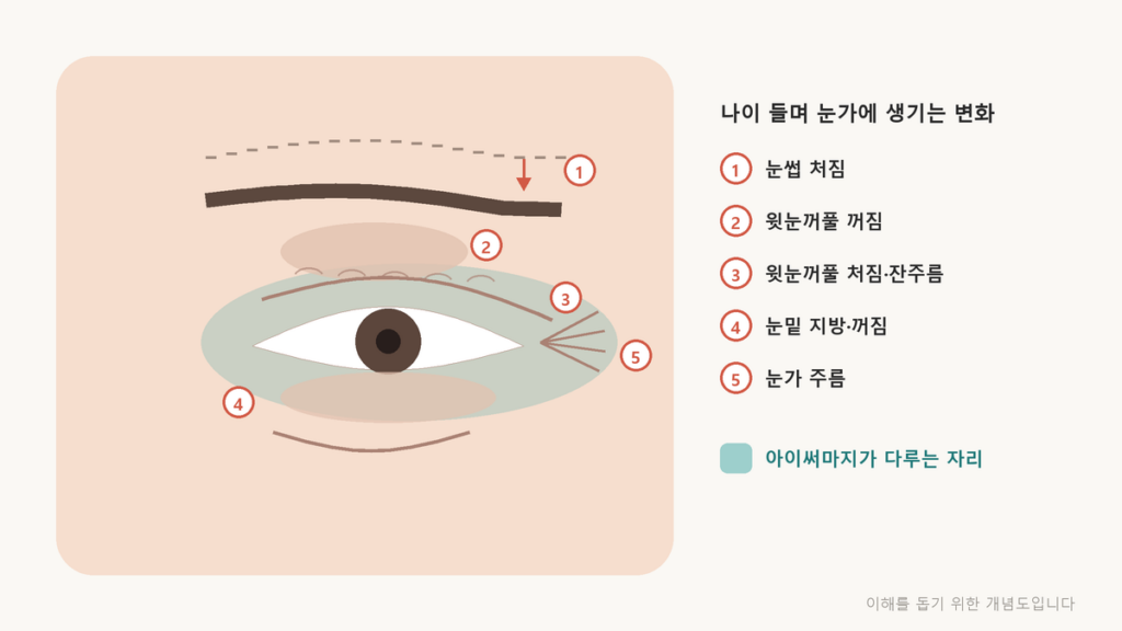 나이 들며 눈가에 생기는 다섯 가지 변화(눈썹 처짐, 윗눈꺼풀 꺼짐, 윗눈꺼풀 처짐과 잔주름, 눈밑 지방과 꺼짐, 눈가 주름)와 그중 아이써마지가 다루는 자리를 표시한 눈가 개념도
