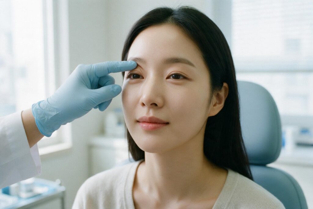 상담 중 장갑 낀 손끝으로 눈썹 아래 피부를 가볍게 들어 윗눈꺼풀을 보여 주는 모습
