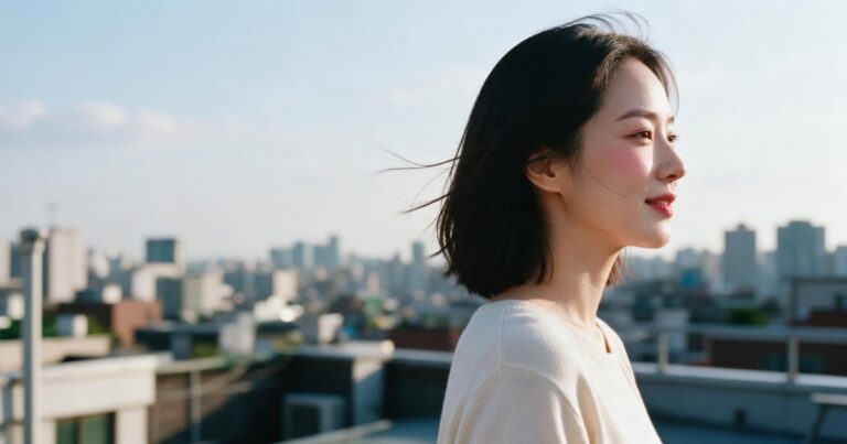 강남 이마필러 글 대표 이미지, 도심 옥상에서 바람을 맞으며 먼 곳을 바라보는 여성의 옆모습