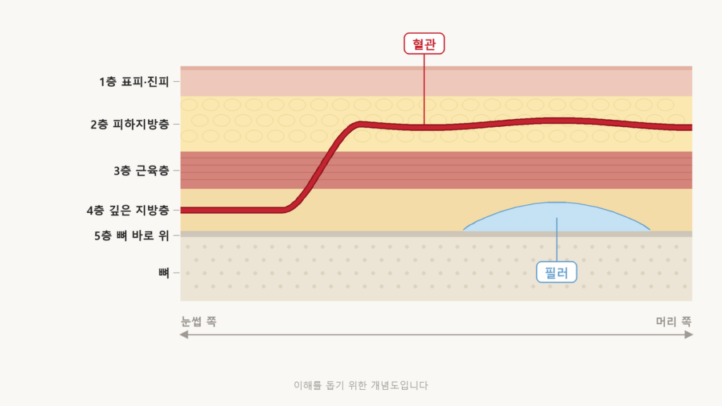 이마필러를 넣는 층을 설명하는 이마 단면도. 혈관은 눈썹 쪽 깊은 층에서 위로 가며 얕은 층으로 옮겨 가고, 필러는 그 위쪽 뼈 바로 위에 놓인다