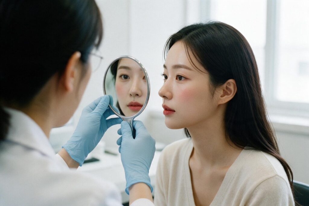 장갑 낀 손이 들어 준 거울로 자기 얼굴을 보는 여성의 옆모습. 이마에서 콧대로 이어지는 선이 보인다