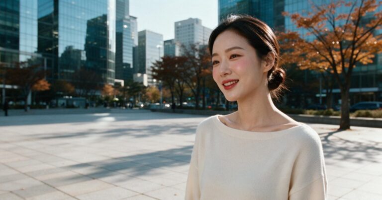 강남역 보톡스 글 대표 이미지, 유리 오피스 빌딩과 단풍나무가 있는 광장에서 쇄골과 어깨선이 드러나는 니트를 입고 옆을 보며 웃는 여성