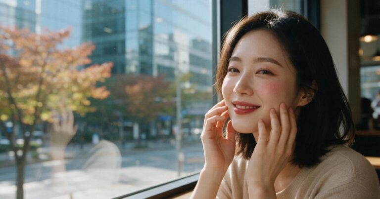강남 써마지 글 대표 이미지, 유리 오피스 빌딩과 단풍이 보이는 카페 창가에서 손끝으로 볼과 턱선을 가볍게 짚으며 웃는 여성