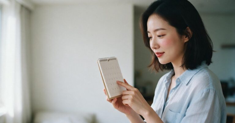 리쥬란 효과 글 대표 이미지, 창가에서 작은 달력을 들고 날짜를 짚어 보는 여성