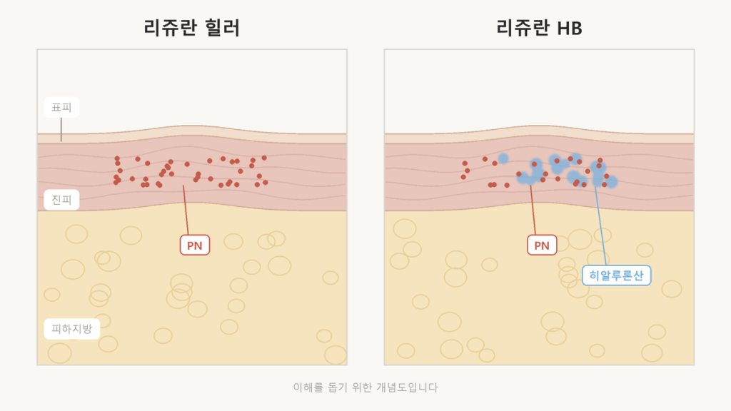 리쥬란 힐러와 리쥬란 HB 를 진피에 주입했을 때 힐러는 PN 성분만, HB 는 PN 에 히알루론산이 함께 들어가는 차이를 나타낸 피부 단면 개념도