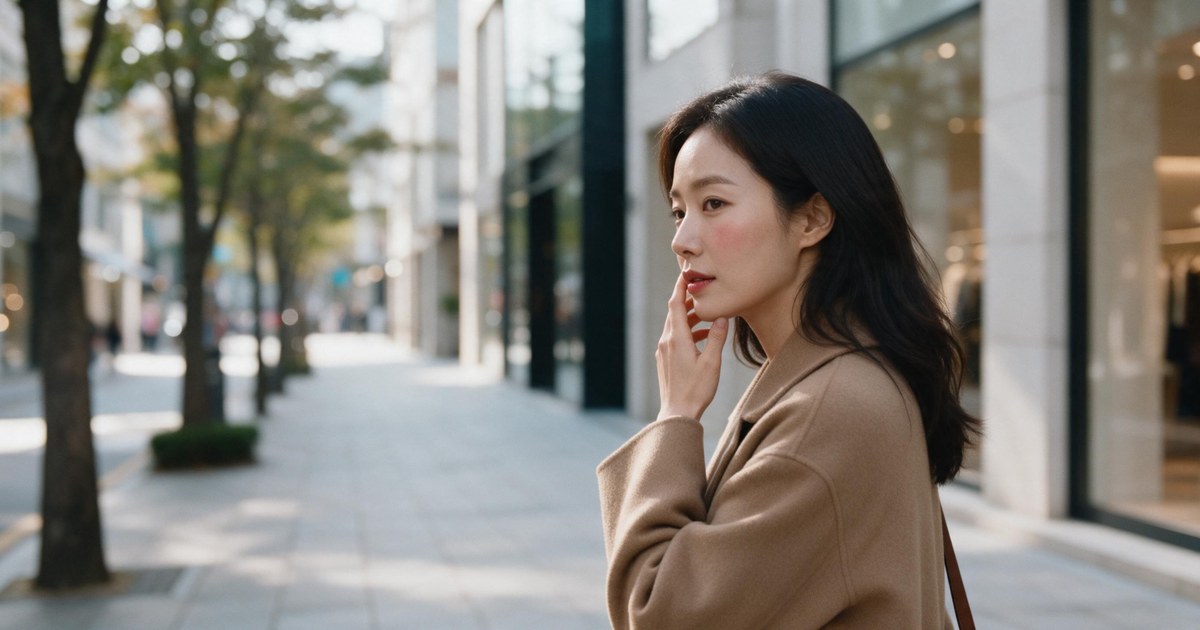 청담 줄기세포 글 대표 이미지, 가로수가 있는 거리에서 턱을 짚으며 생각에 잠긴 여성