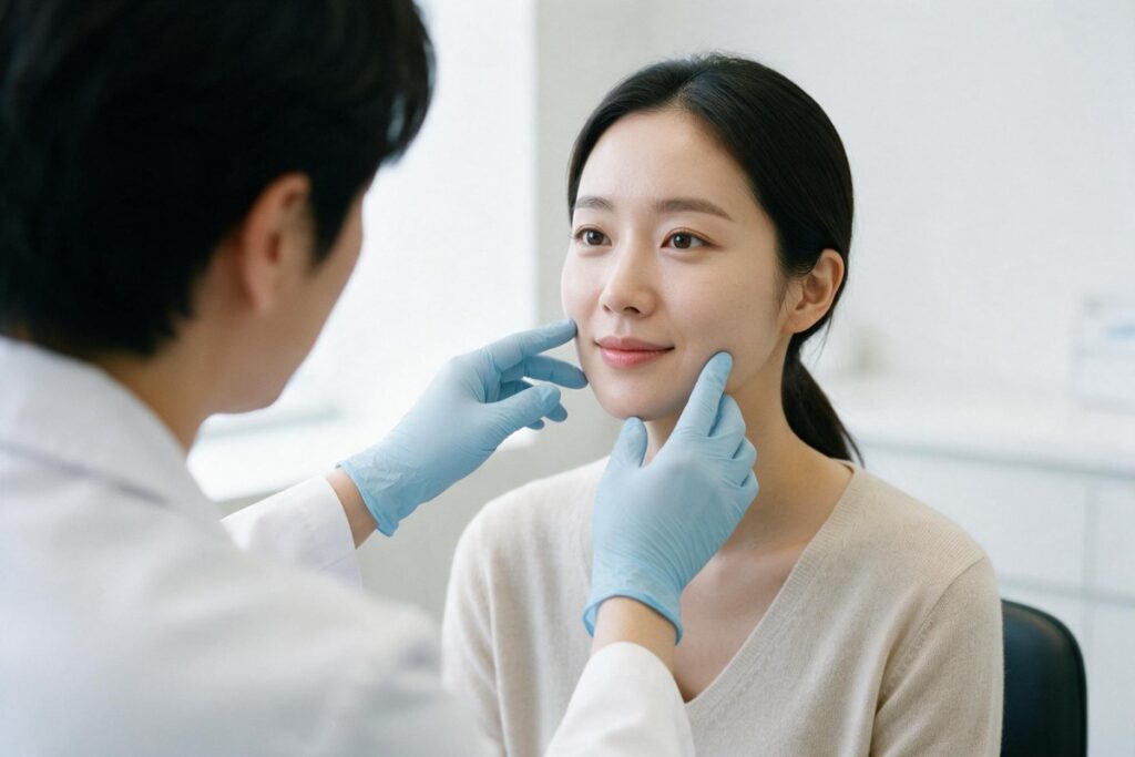 상담 중 장갑 낀 손끝으로 볼과 턱선 피부를 짚어 탄력을 확인하는 모습