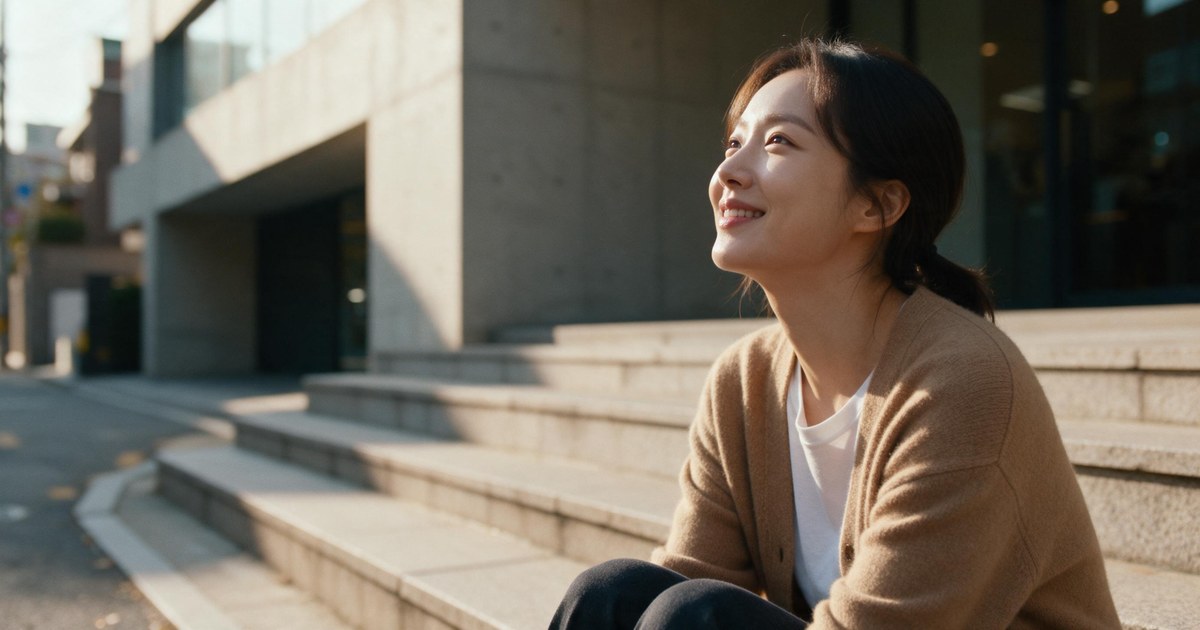 청담 써마지 글 대표 이미지, 가을 오후 건물 앞 계단에 앉아 웃으며 위를 올려다보는 여성