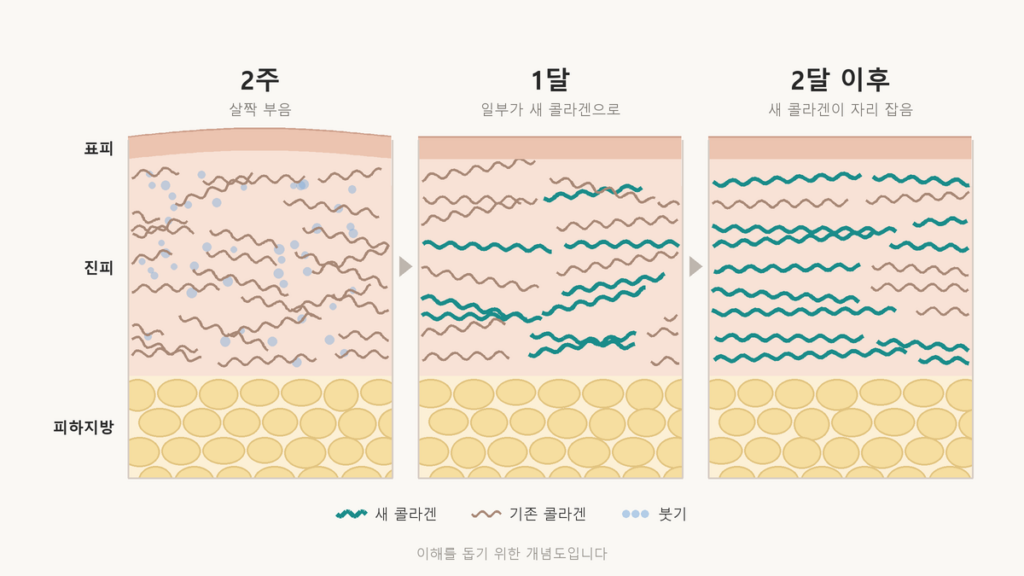 써마지 후 2주, 1달, 2달 이후의 피부 단면을 나란히 놓은 개념도. 2주에는 진피가 살짝 붓고, 1달에는 일부가 새 콜라겐으로 바뀌고, 2달 이후에는 새 콜라겐이 자리 잡는다
