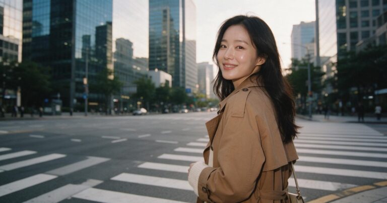 강남역 써마지 글 대표 이미지, 고층 빌딩 사이 횡단보도에서 뒤돌아보며 웃는 트렌치코트 차림의 여성