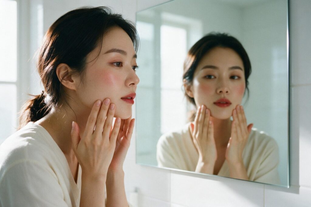 자연광이 드는 욕실 거울 앞에서 양손 끝으로 턱선과 볼 피부를 눌러 보는 모습