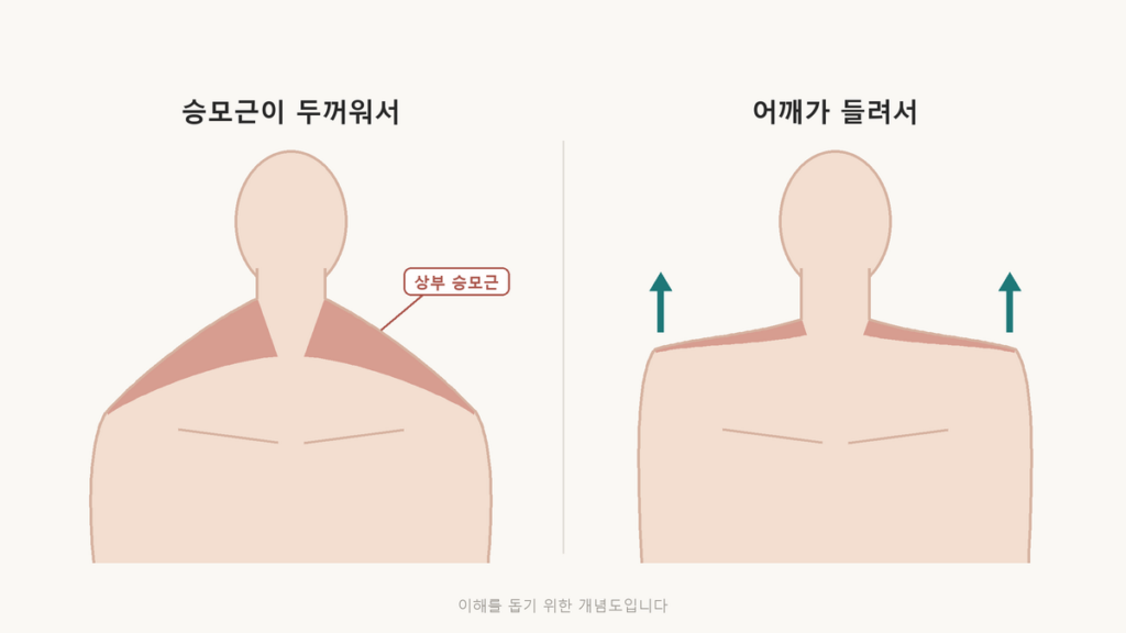상부 승모근이 두꺼워 목에서 어깨로 비스듬히 솟은 어깨와, 승모근은 얇은데 어깨가 들려 솟아 보이는 어깨를 앞모습으로 나란히 비교한 개념도