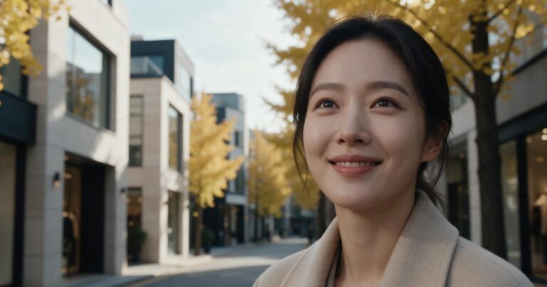 청담 울쎄라 글 대표 이미지, 은행나무와 석재 건물이 있는 거리에서 위를 올려다보며 웃는 여성