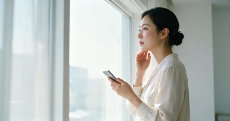 울쎄라 가격 글 대표 이미지, 창가에서 휴대폰을 든 채 턱선을 짚으며 생각에 잠긴 여성
