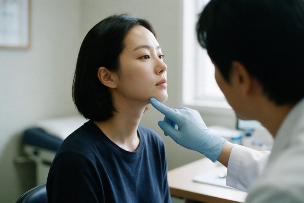 상담 중 장갑 낀 손가락으로 턱선과 턱 밑을 짚어 보는 여성의 옆모습