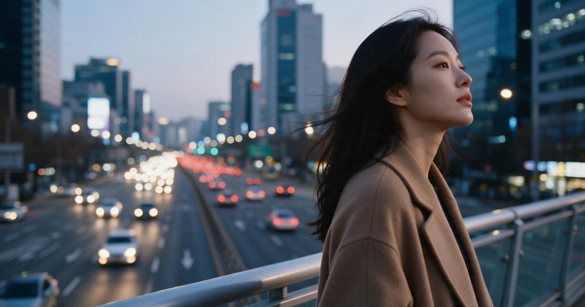 강남역 울쎄라 글 대표 이미지, 저녁 무렵 강남 대로 위 육교에서 먼 곳을 바라보는 여성의 옆모습