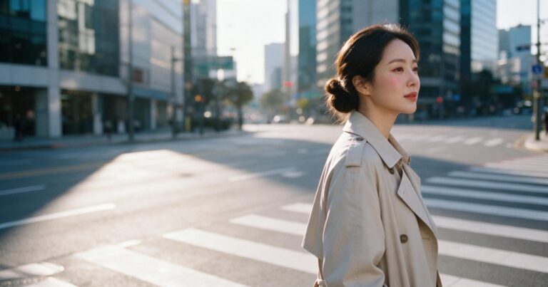 신논현 울쎄라 글 대표 이미지, 햇살이 드는 강남 대로의 횡단보도에서 먼 곳을 바라보는 여성의 옆모습